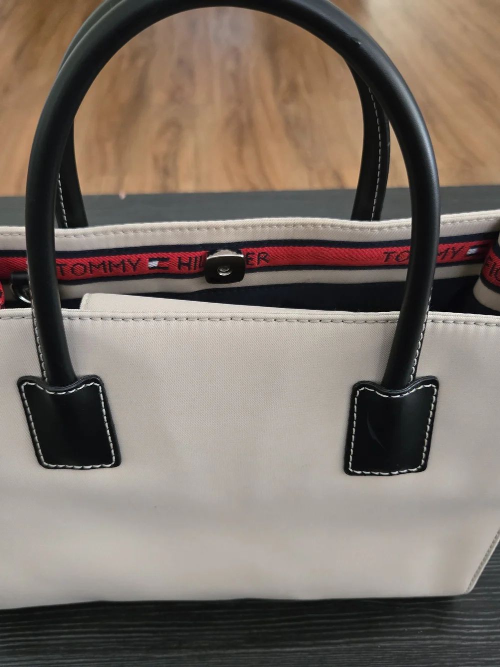 Tommy Hilfiger Beige and Black Satchel with Red Trim